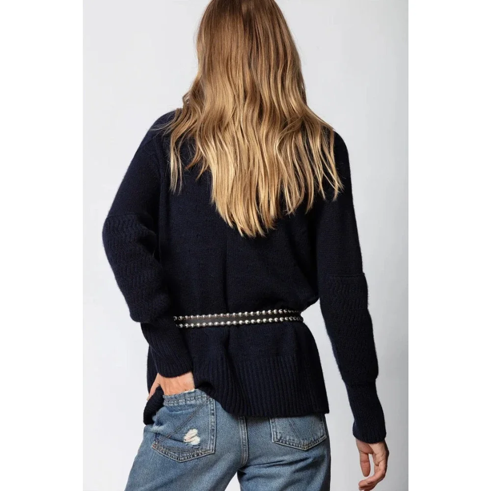 Zadig & Voltaire Cyan Cashmere Cardigan Navy Blue Open Front‎ Long Sleeve Sz M - Picture 3 of 12